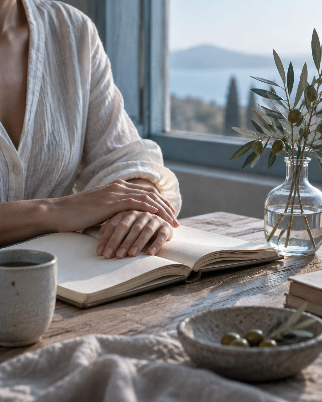 Hands resting on an open journal beside an olive branch